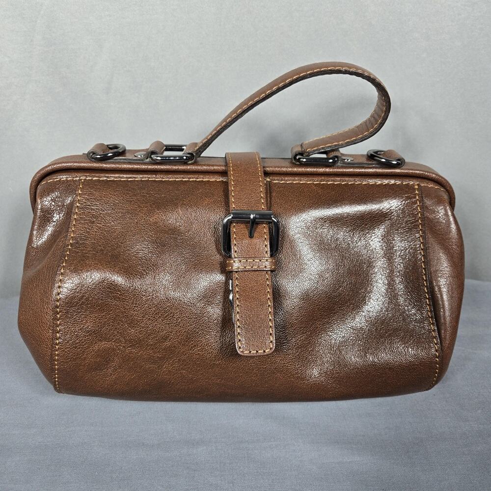 Genicci Leather Satchel Handbag Brown Barrel Top Handle Zippered Wide Mouth Tote